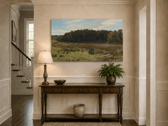 Unframed hand-painted river landscape oil painting with wetlands and a dark forest edge displayed above an entryway console table.
