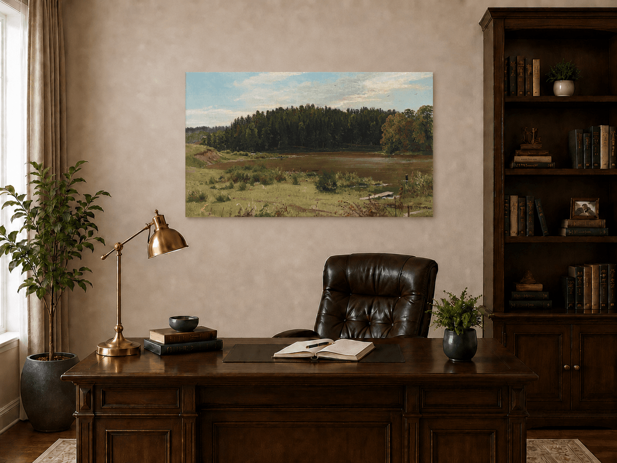 Unframed hand-painted river landscape oil painting with wetlands and a dark forest edge displayed above a traditional home office desk.