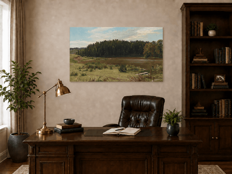 Unframed hand-painted river landscape oil painting with wetlands and a dark forest edge displayed above a traditional home office desk.