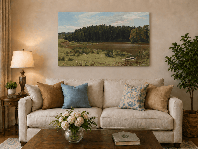 Unframed hand-painted river landscape oil painting with wetlands and a dark forest edge displayed above a neutral living room sofa.