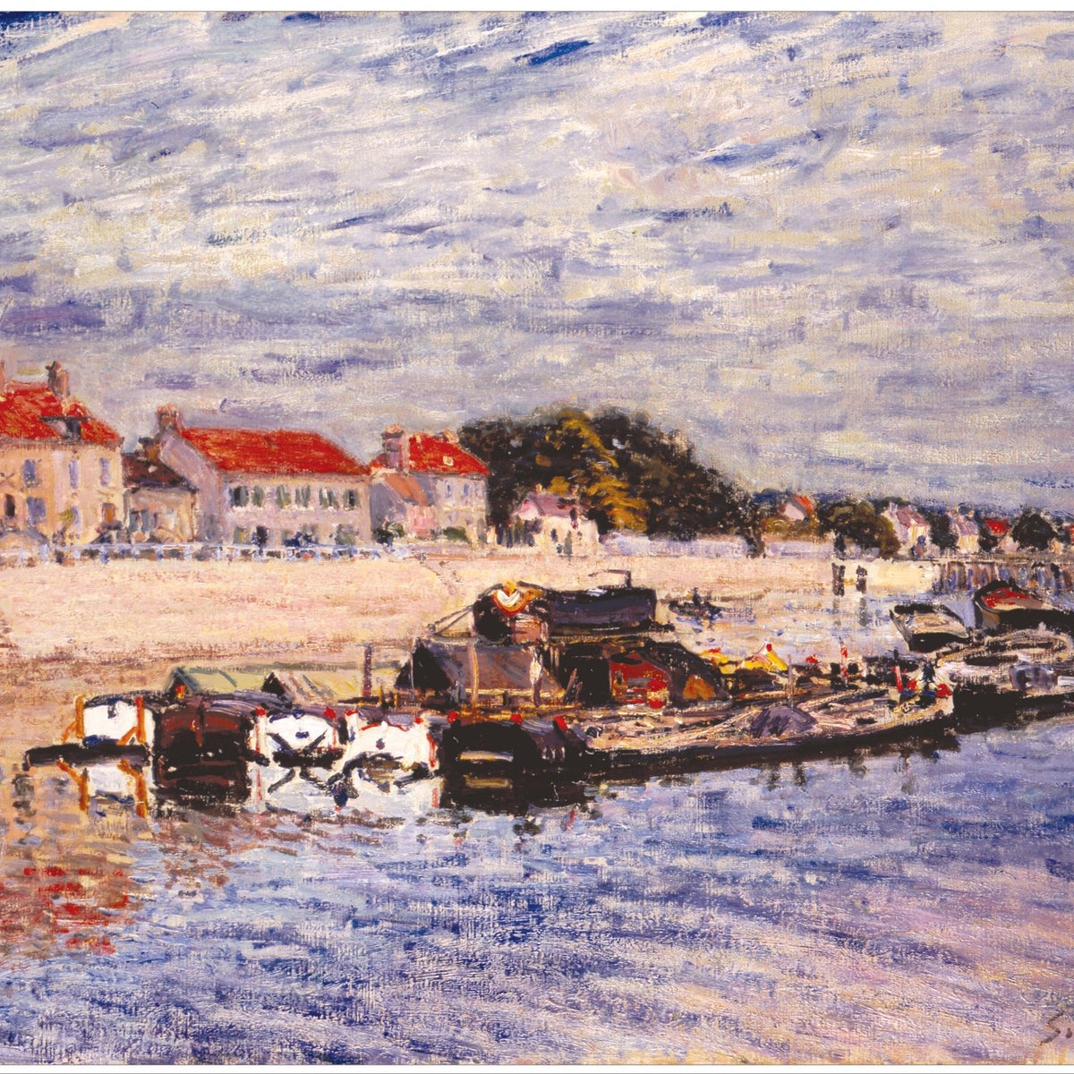 River Harbor with Boats and Village Houses - Landscape Oil Painting - Oil Painting Haven