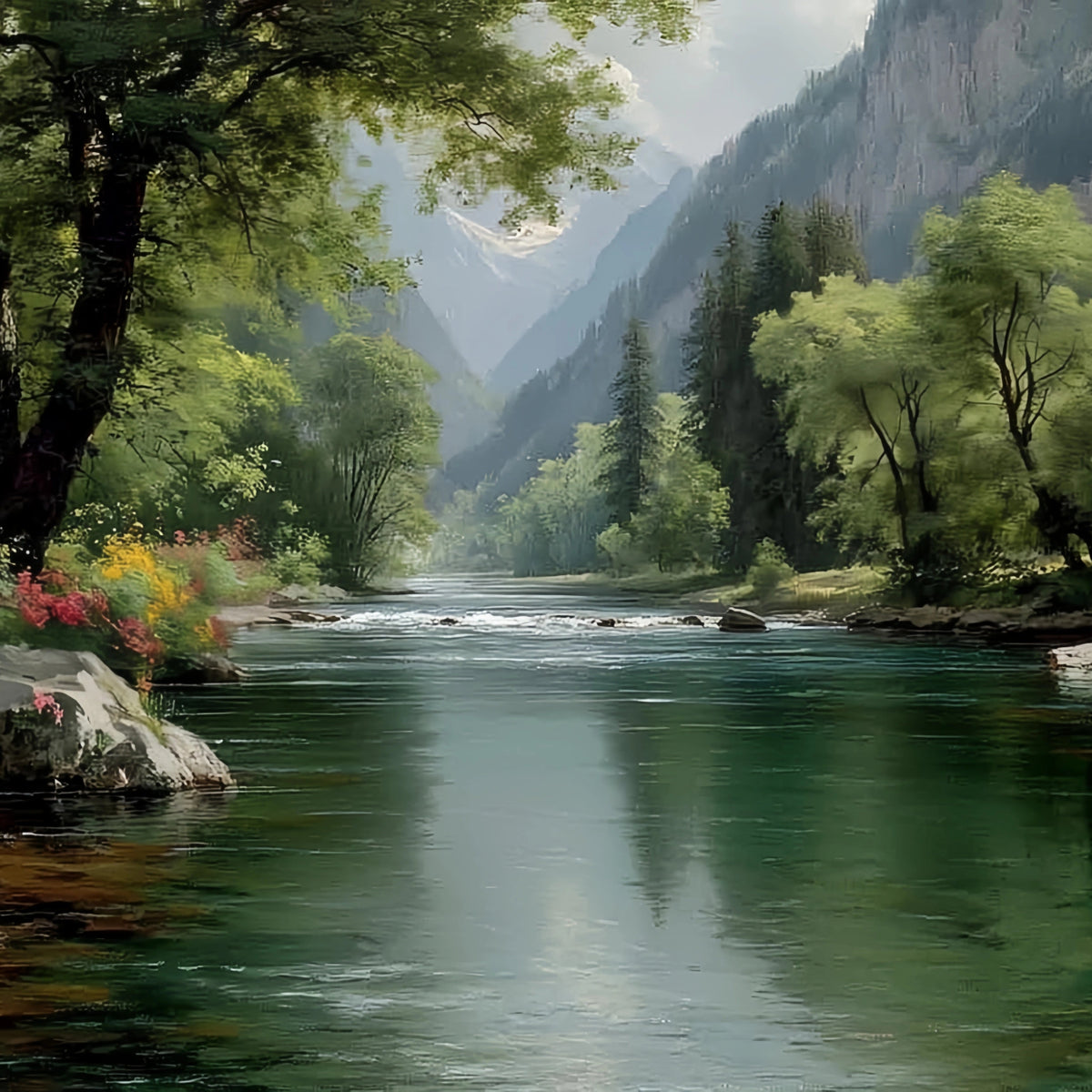 River Landscape Forest Wildflowers Original Oil Painting For Sale - Oil Painting Haven