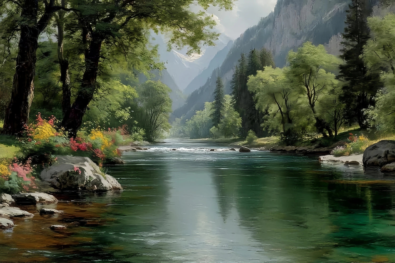 River Landscape Forest Wildflowers Original Oil Painting For Sale - Oil Painting Haven