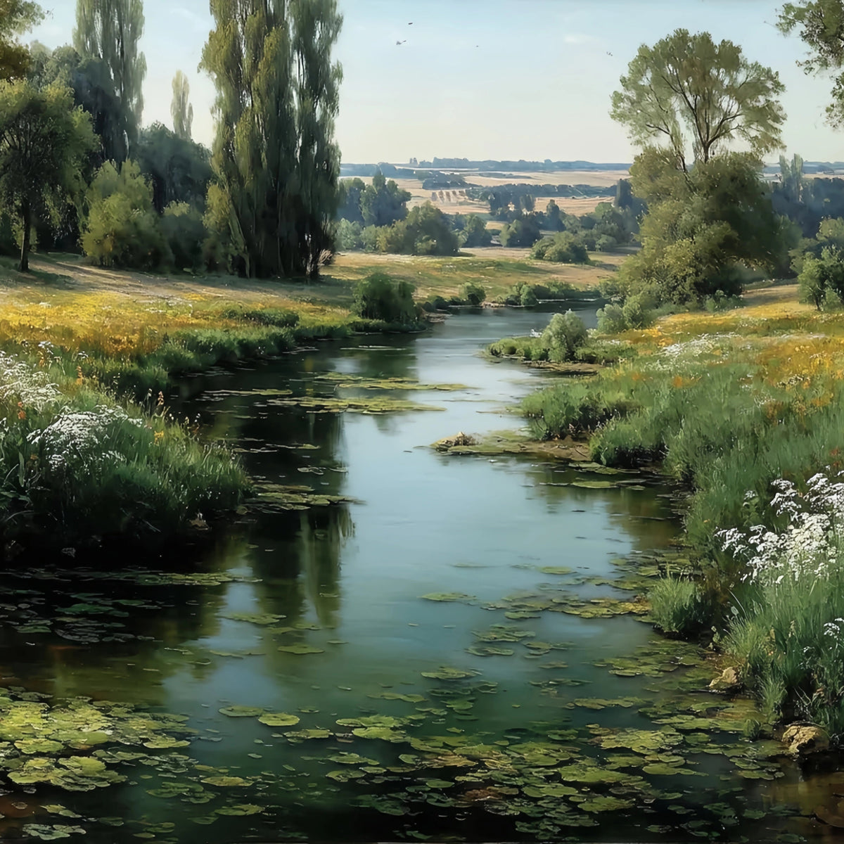 River Landscape Lilies Original Oil Painting For Sale - Oil Painting Haven