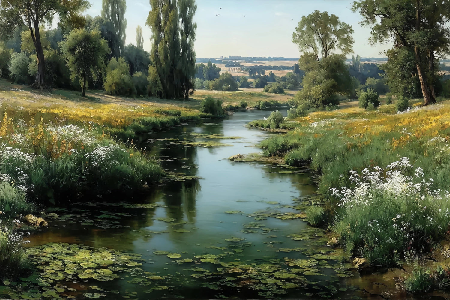 River Landscape Lilies Original Oil Painting For Sale - Oil Painting Haven