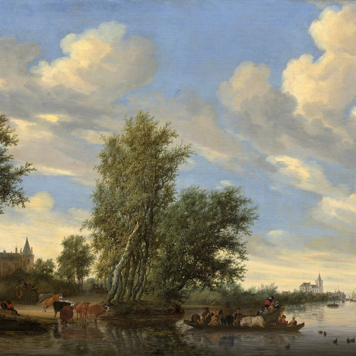 Hand-painted river landscape with boats and village view oil painting on canvas
