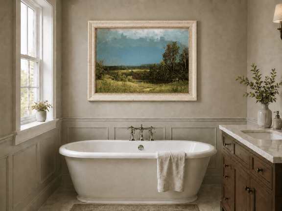 Framed hand-painted river meadow oil painting beneath a dramatic stormy sky displayed above a freestanding bathtub.