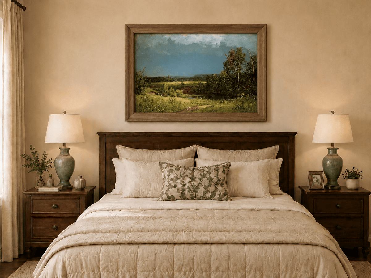 Framed hand-painted river meadow oil painting beneath a dramatic stormy sky displayed above a wooden bed in a neutral bedroom.