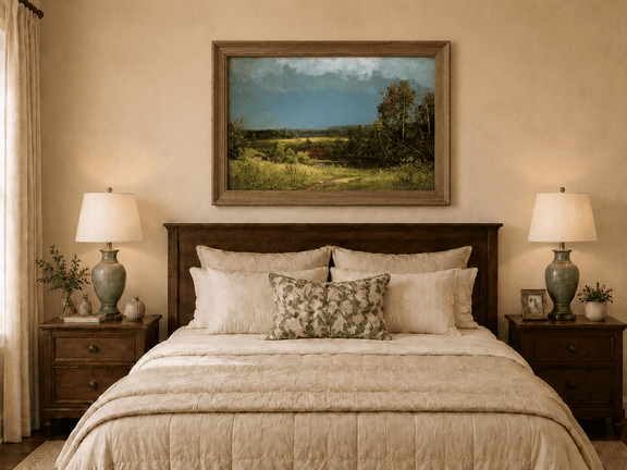 Framed hand-painted river meadow oil painting beneath a dramatic stormy sky displayed above a wooden bed in a neutral bedroom.
