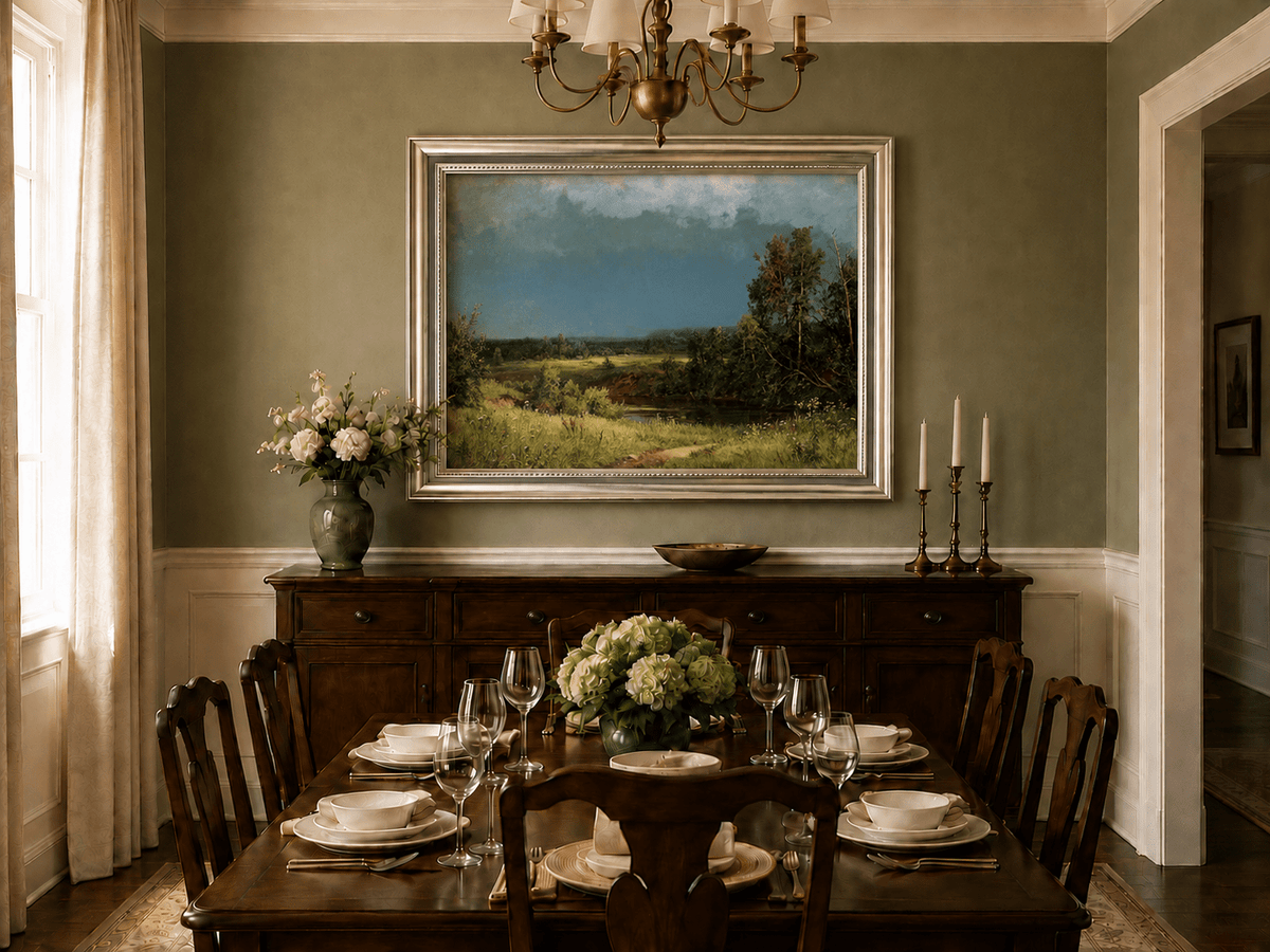Framed hand-painted river meadow oil painting beneath a dramatic stormy sky displayed above a formal dining table.