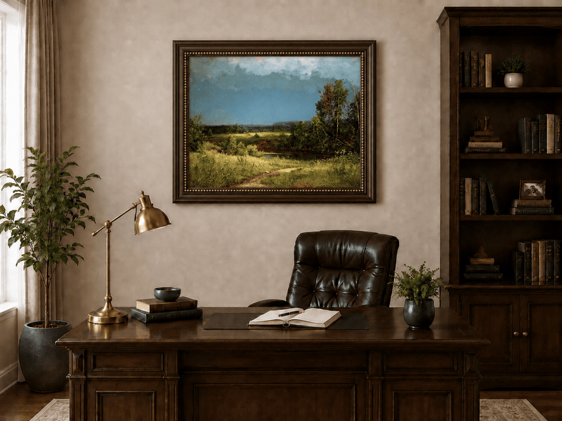 Framed hand-painted river meadow oil painting beneath a dramatic stormy sky displayed above a traditional home office desk.