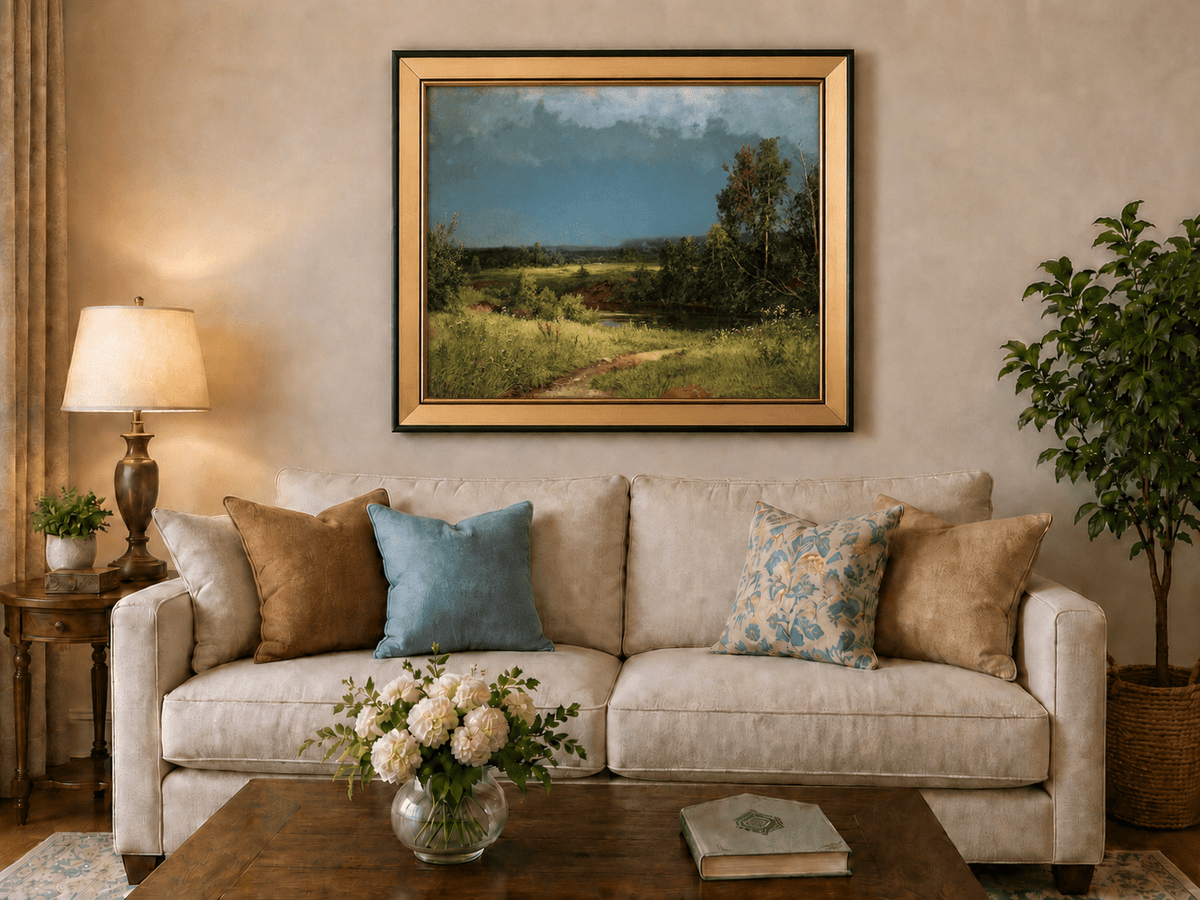 Framed hand-painted river meadow oil painting beneath a dramatic stormy sky displayed above a neutral living room sofa.