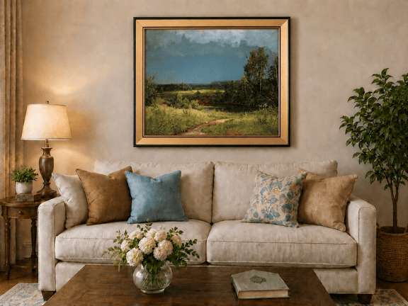 Framed hand-painted river meadow oil painting beneath a dramatic stormy sky displayed above a neutral living room sofa.