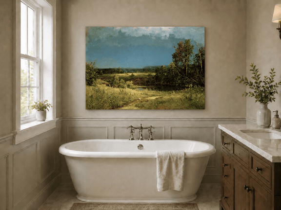 Unframed hand-painted river meadow oil painting beneath a dramatic stormy sky displayed above a freestanding bathtub.