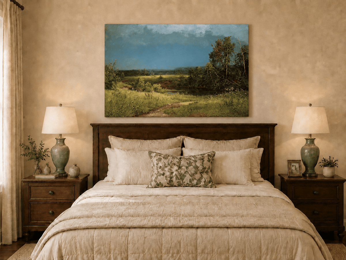 Unframed hand-painted river meadow oil painting beneath a dramatic stormy sky displayed above a wooden bed in a neutral bedroom.