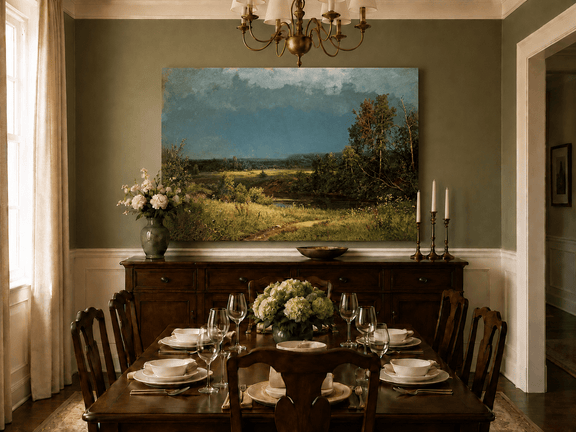 Unframed hand-painted river meadow oil painting beneath a dramatic stormy sky displayed above a formal dining table.