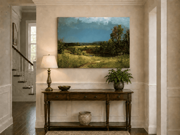 Unframed hand-painted river meadow oil painting beneath a dramatic stormy sky displayed above an entryway console table.