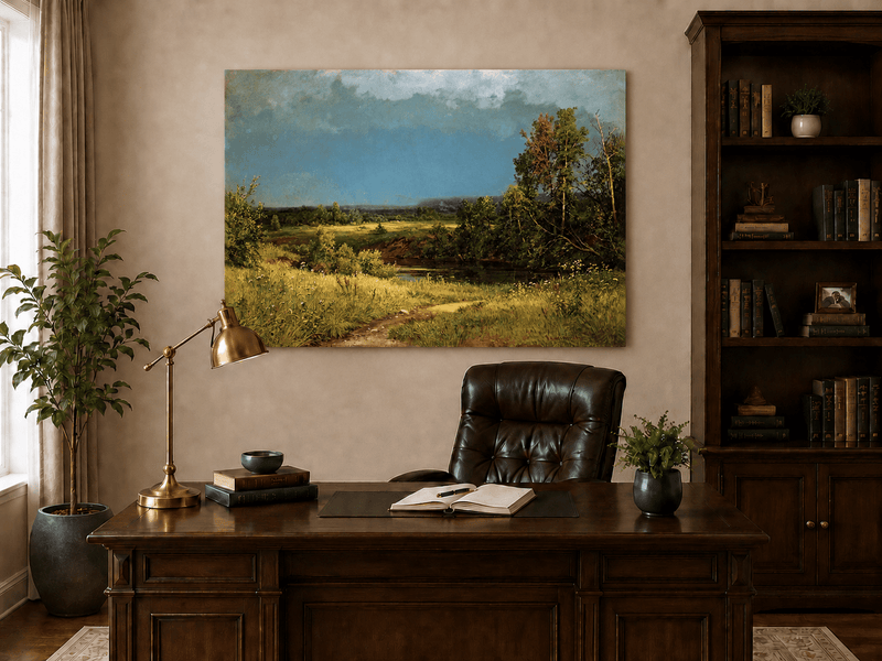 Unframed hand-painted river meadow oil painting beneath a dramatic stormy sky displayed above a traditional home office desk.