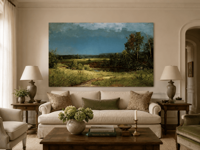 Unframed hand-painted river meadow oil painting beneath a dramatic stormy sky displayed above a neutral living room sofa.