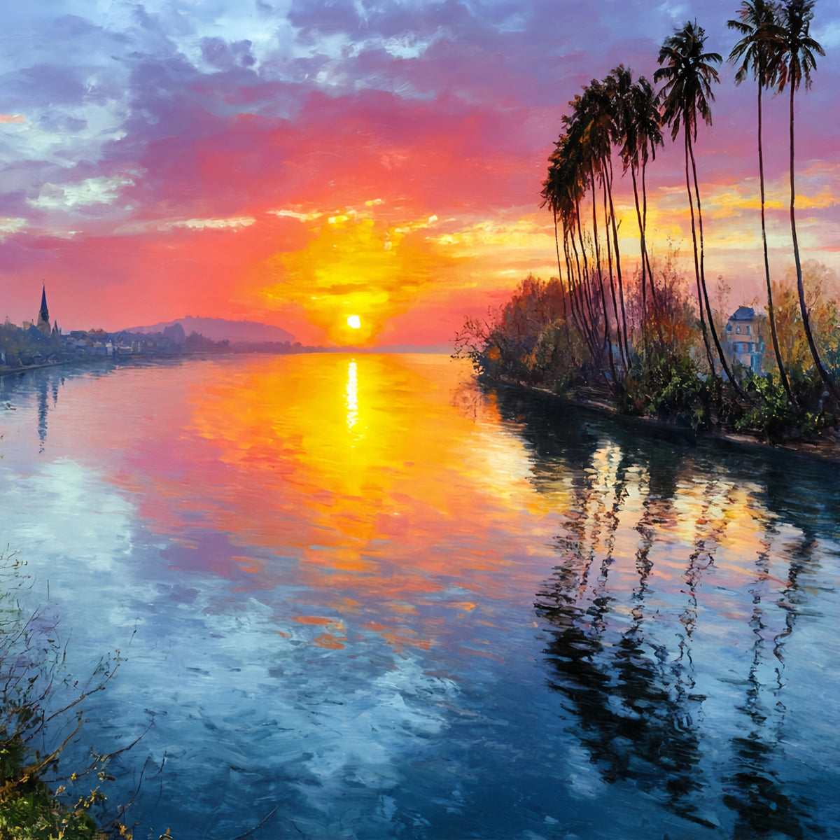River Sunset Palm Painting For Sale | Original Oil Artwork - Oil Painting Haven