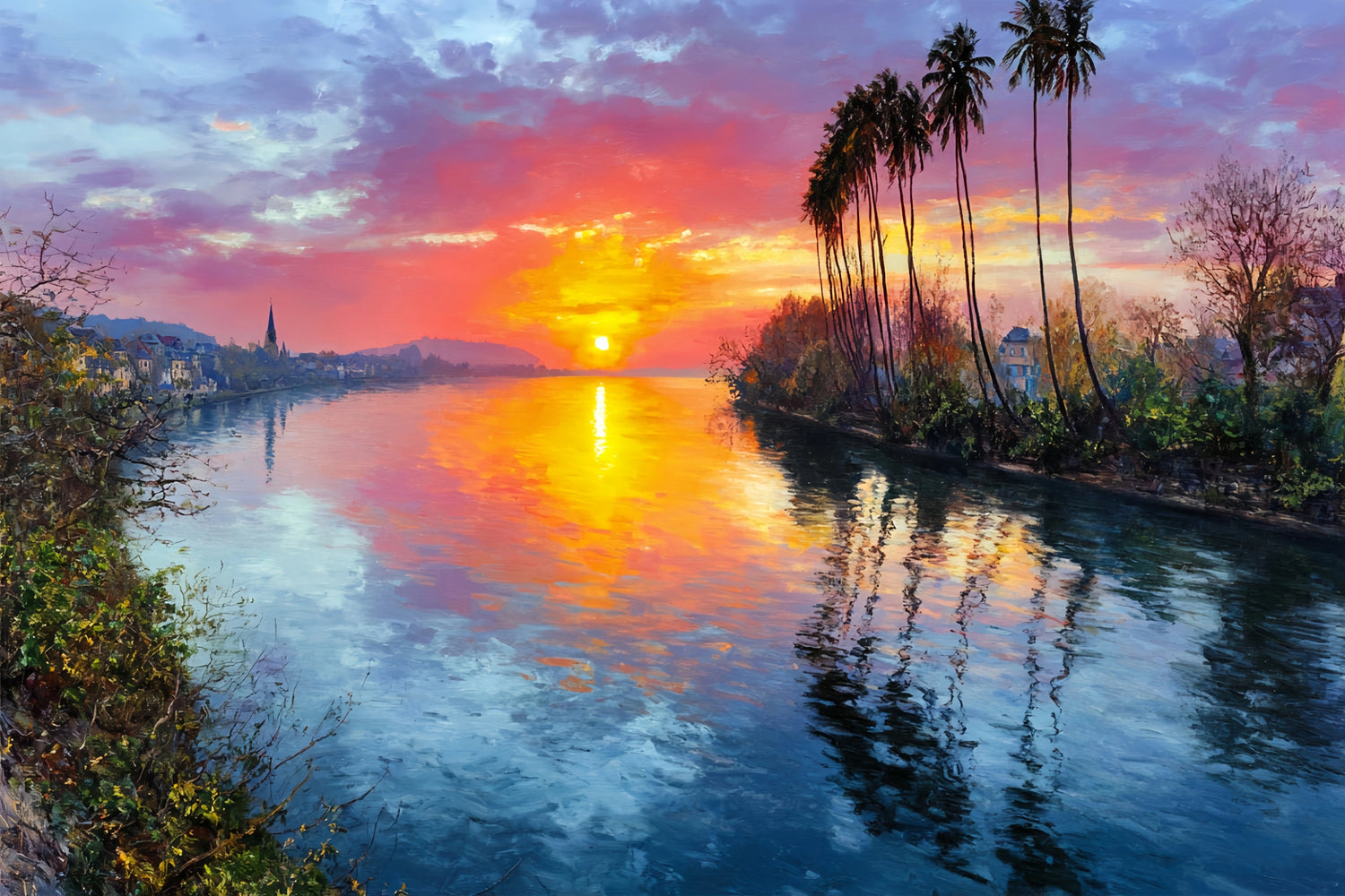 River Sunset Palm Painting For Sale | Original Oil Artwork - Oil Painting Haven