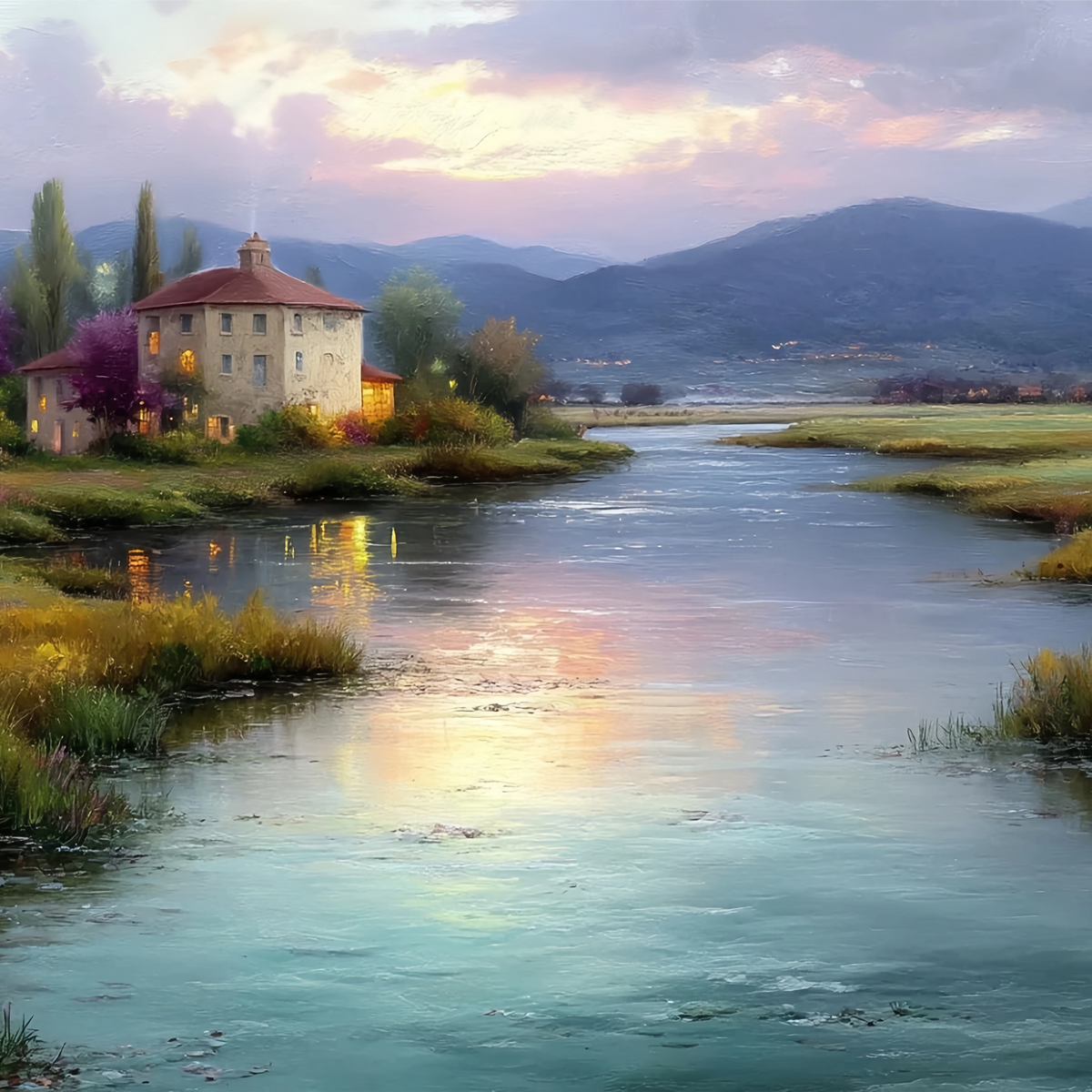 River Sunset Red Roof Original Oil Painting For Sale - Oil Painting Haven