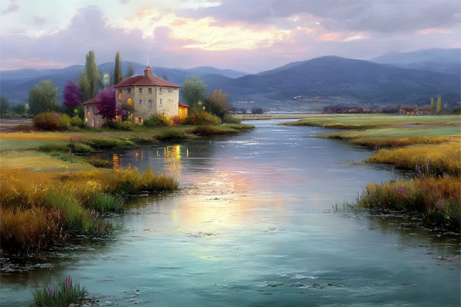 River Sunset Red Roof Original Oil Painting For Sale - Oil Painting Haven