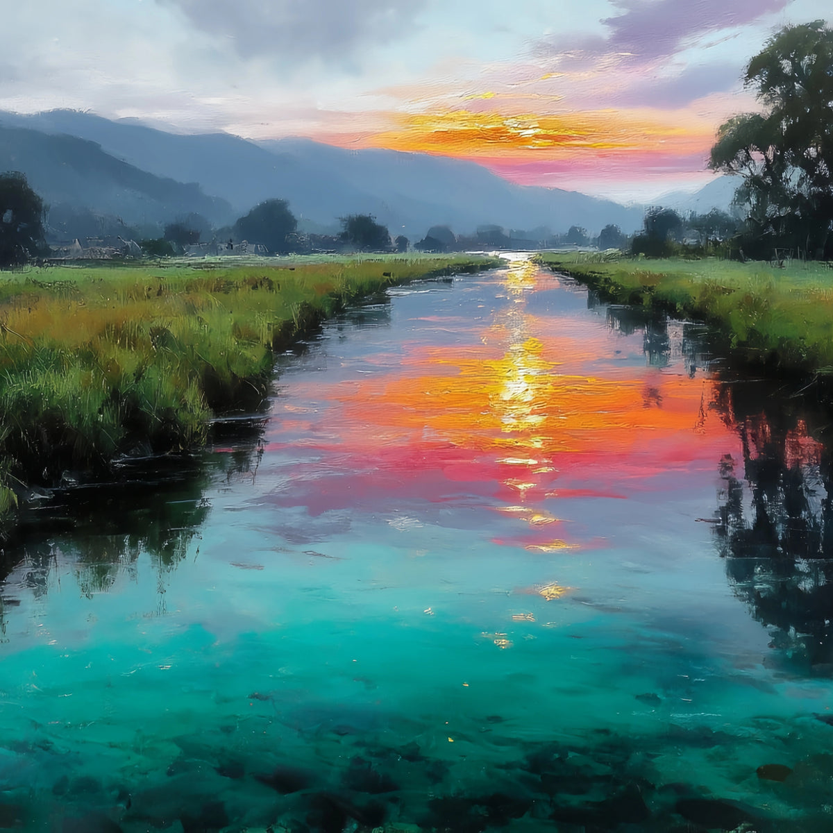 River Sunset Turquoise Water Original Oil Painting For Sale - Oil Painting Haven