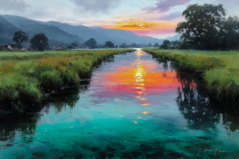 River Sunset Turquoise Water Original Oil Painting For Sale - Oil Painting Haven