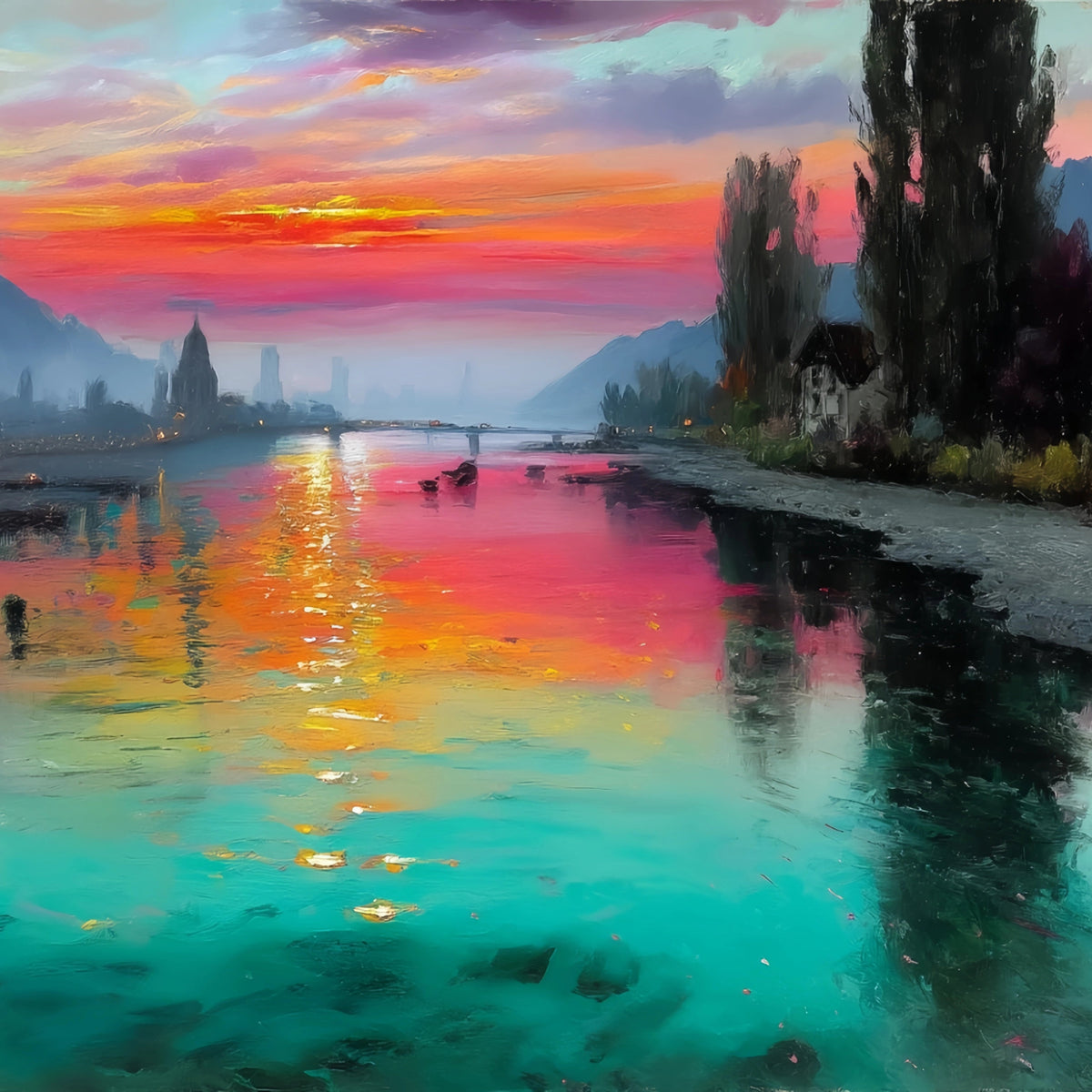 River Sunset Village Original Oil Painting For Sale - Oil Painting Haven