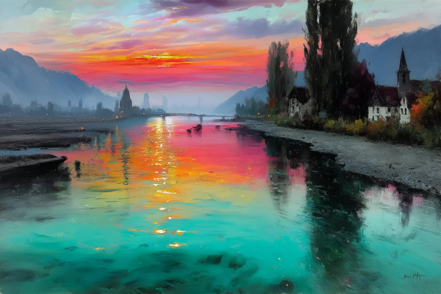 River Sunset Village Original Oil Painting For Sale - Oil Painting Haven