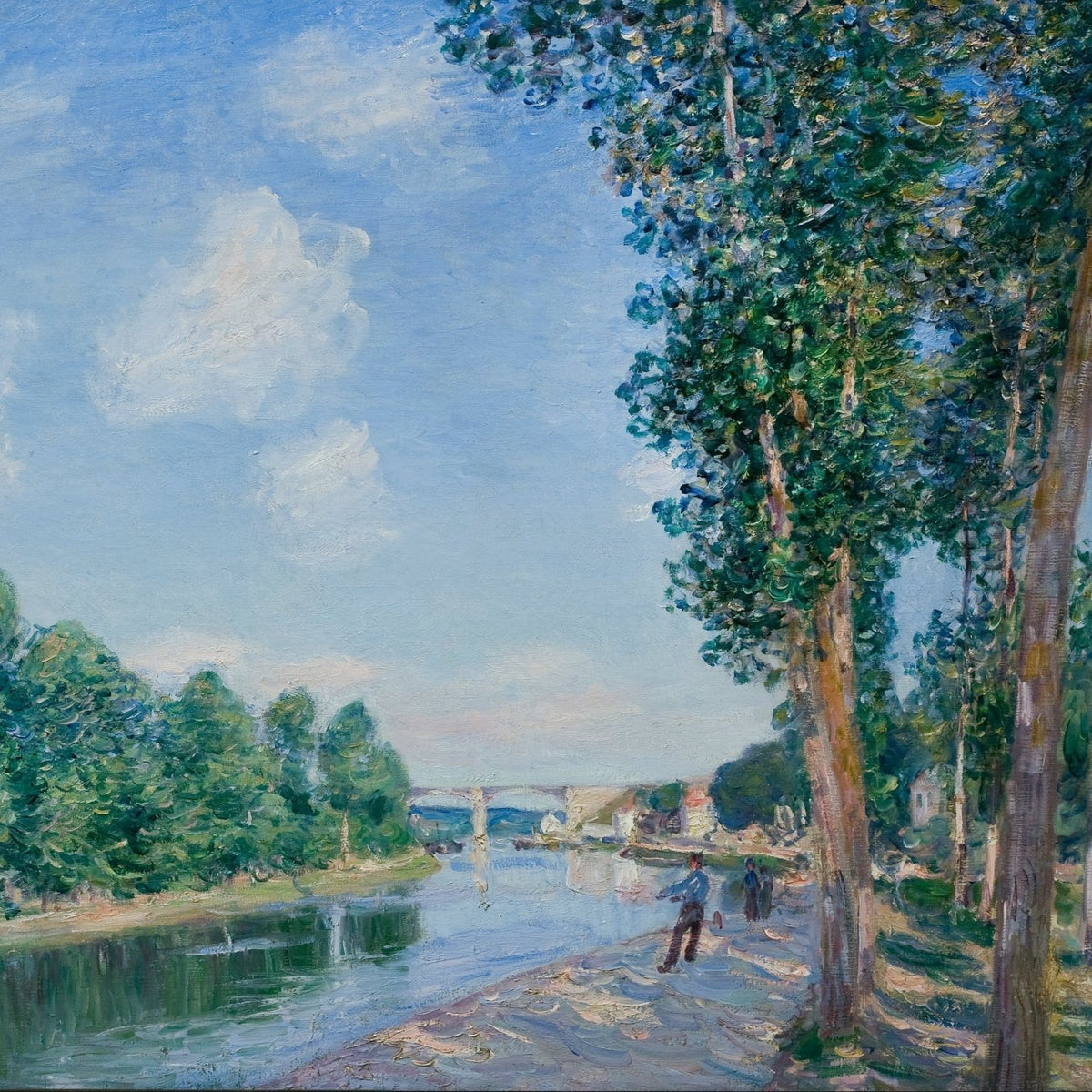 Riverbank Path with Tall Trees and Bridge - Landscape Oil Painting - Oil Painting Haven
