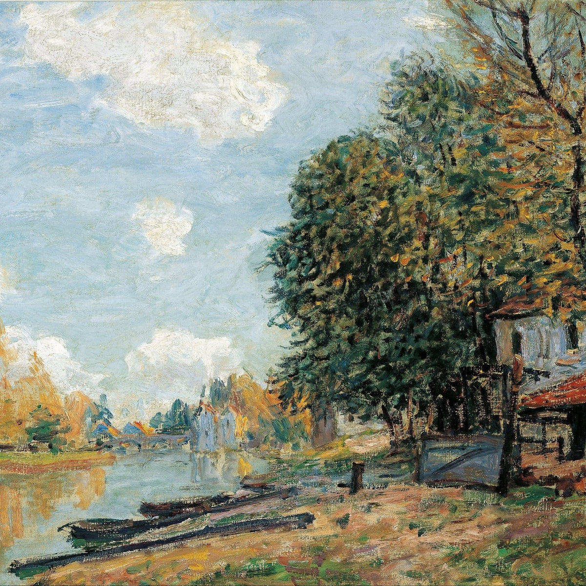Hand-painted riverbank village with autumn trees landscape oil painting on canvas