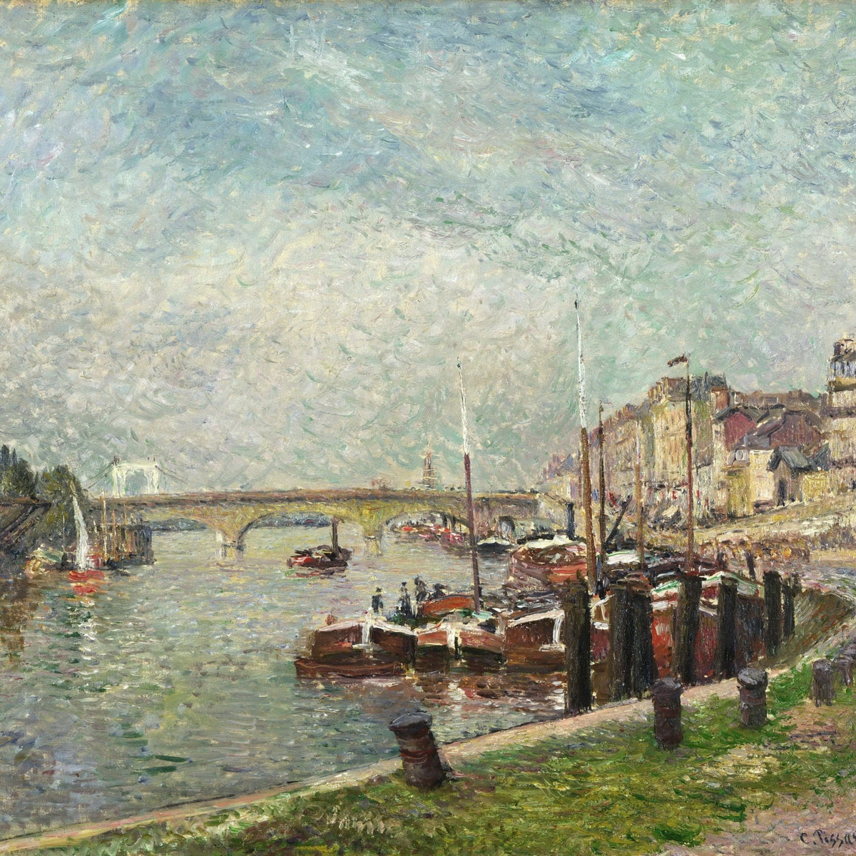 Riverfront at Rouen with Boats and Bridge - Landscape Oil Painting - Oil Painting Haven