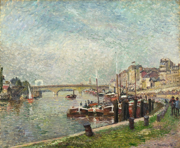 Riverfront at Rouen with Boats and Bridge - Landscape Oil Painting - Oil Painting Haven