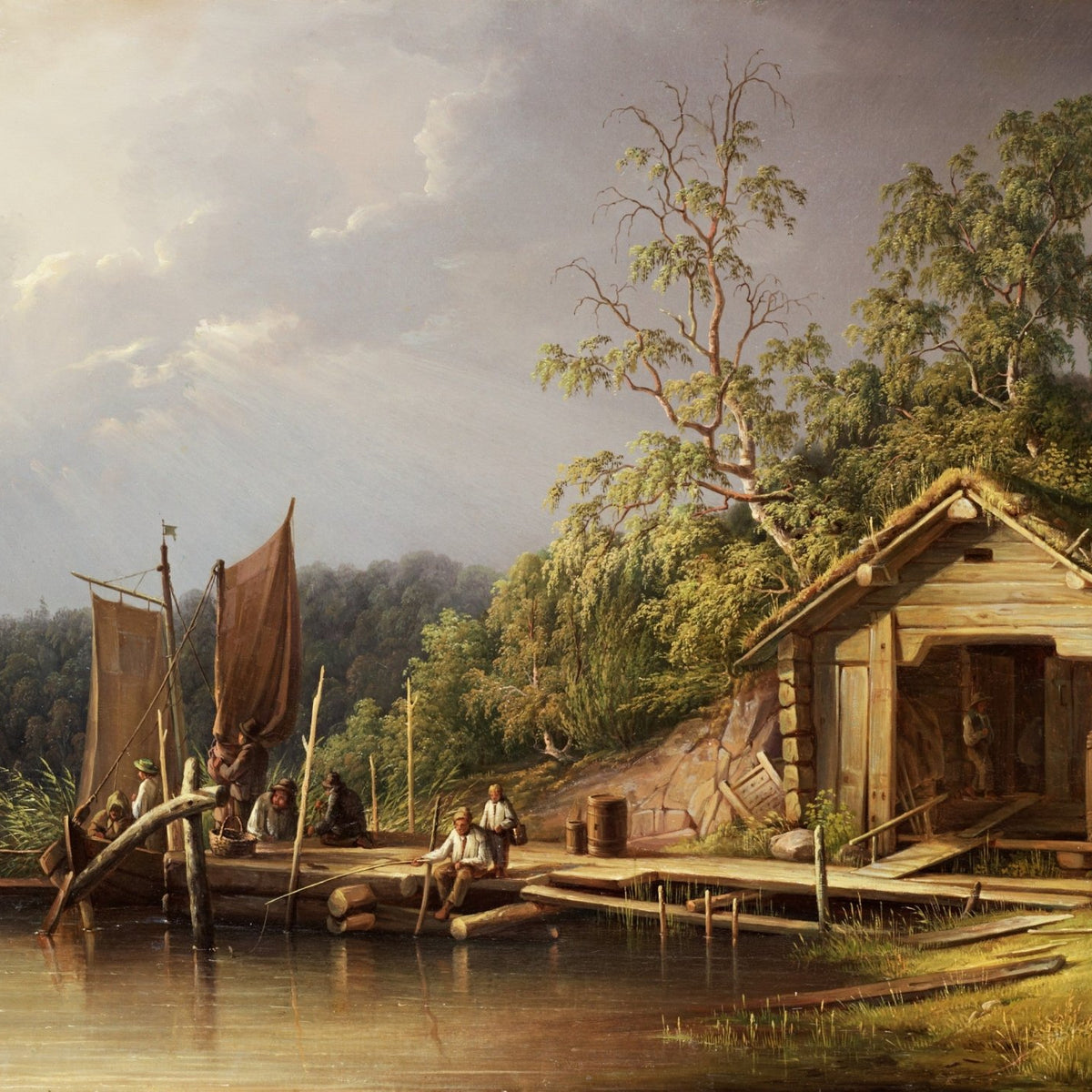 Riverside Cabin and Fishermen at Work – Landscape Oil Painting - Oil Painting Haven