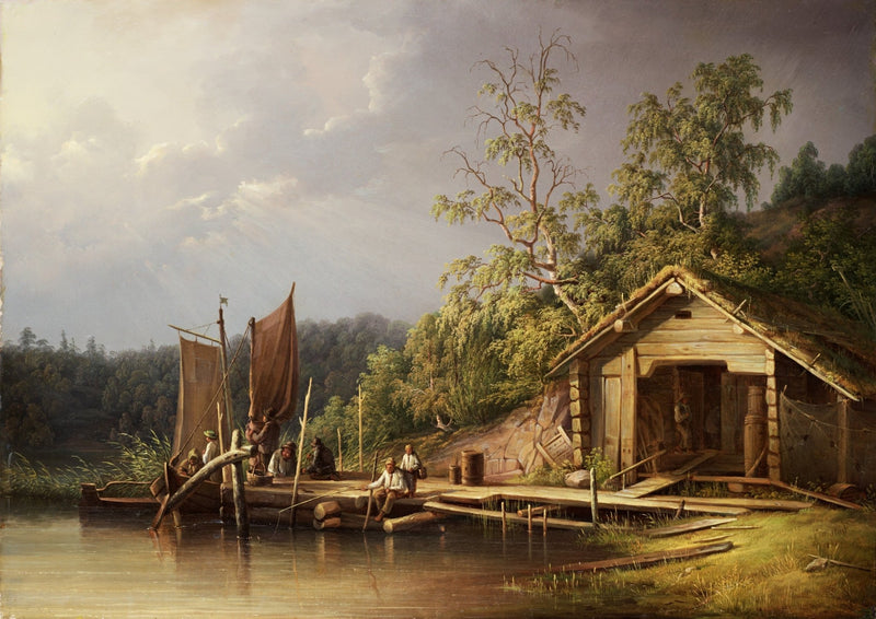 Riverside Cabin and Fishermen at Work – Landscape Oil Painting - Oil Painting Haven