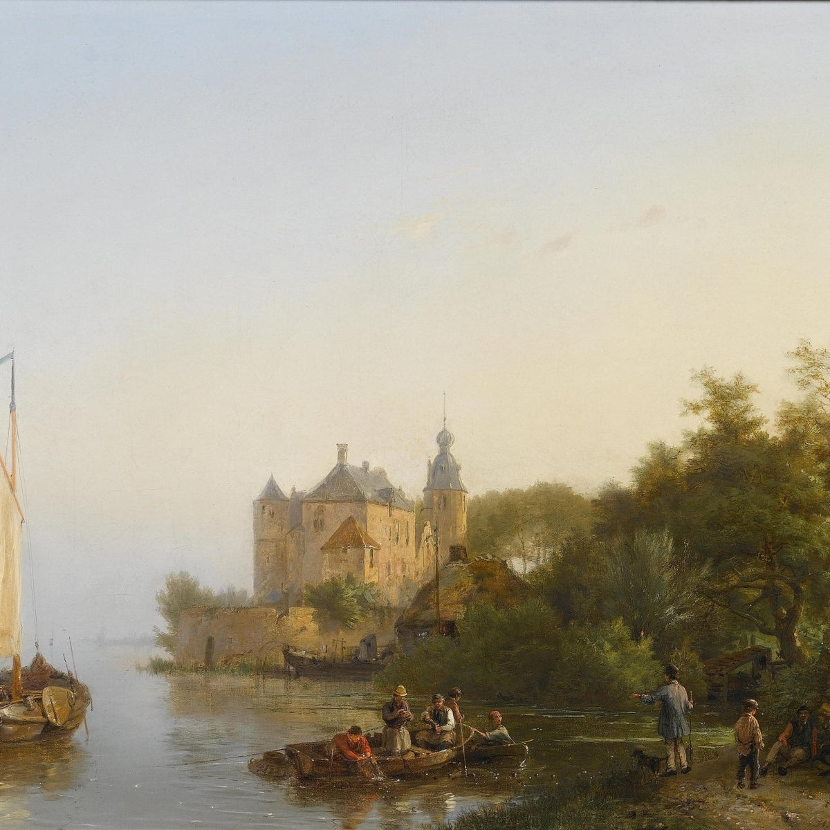 Riverside Castle and Boats in Morning Light - Landscape Oil Painting - Oil Painting Haven