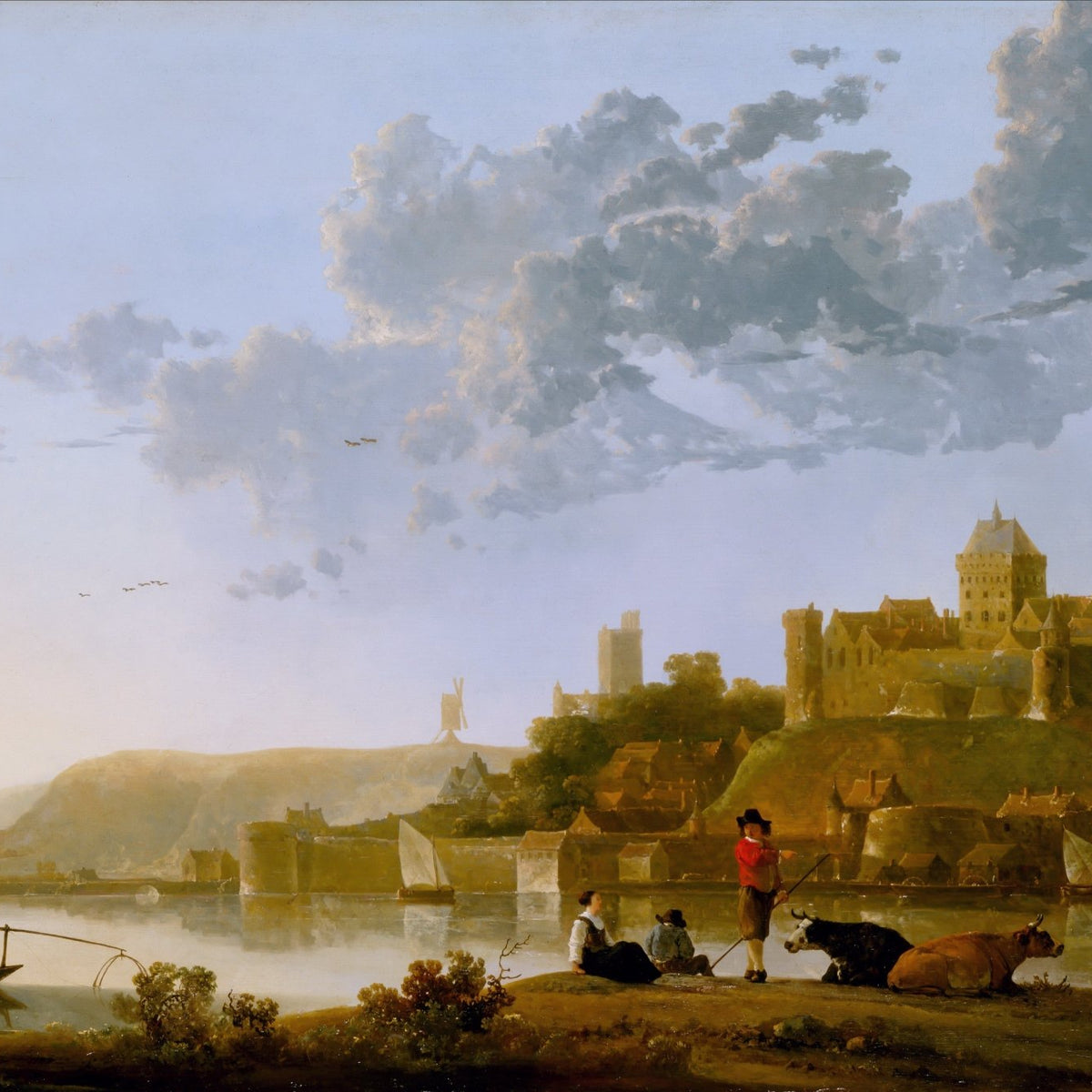 Riverside Castle Town at Sunset with Fishermen - Landscape Oil Painting - Oil Painting Haven