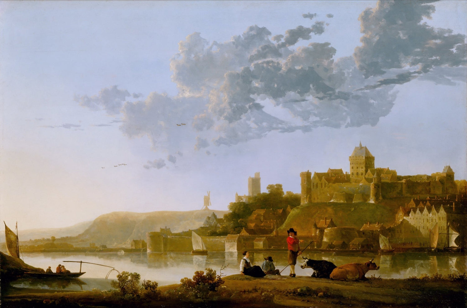 Riverside Castle Town at Sunset with Fishermen - Landscape Oil Painting - Oil Painting Haven