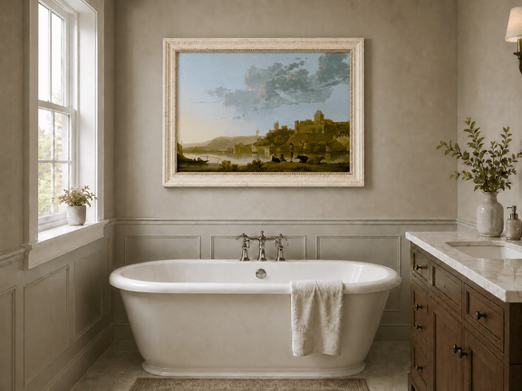 Framed hand-painted riverside castle town oil painting with fishermen at sunset displayed above a freestanding bathtub.