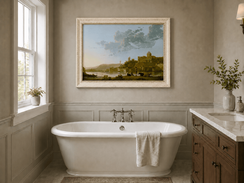 Framed hand-painted riverside castle town oil painting with fishermen at sunset displayed above a freestanding bathtub.
