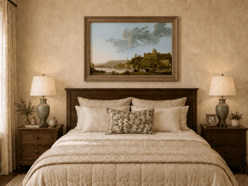 Framed hand-painted riverside castle town oil painting with fishermen at sunset displayed above a wooden bed in a neutral bedroom.