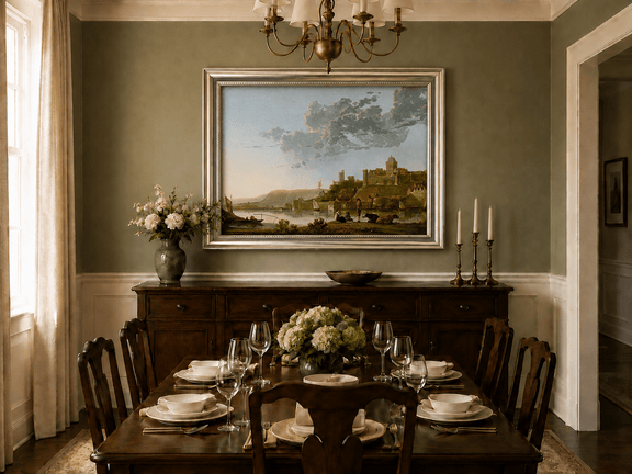 Framed hand-painted riverside castle town oil painting with fishermen at sunset displayed above a formal dining table.