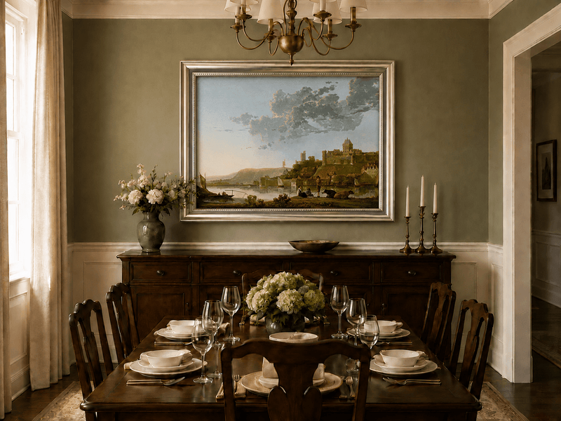Framed hand-painted riverside castle town oil painting with fishermen at sunset displayed above a formal dining table.