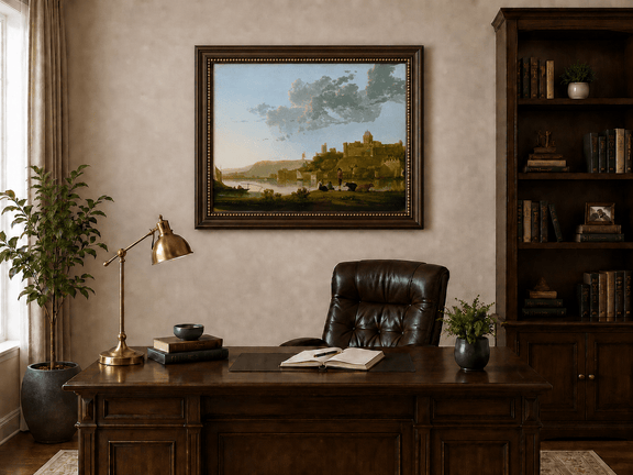 Framed hand-painted riverside castle town oil painting with fishermen at sunset displayed above a traditional home office desk.