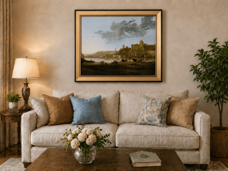 Framed hand-painted riverside castle town oil painting with fishermen at sunset displayed above a neutral living room sofa.