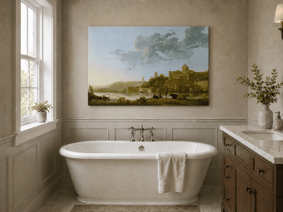 Unframed hand-painted riverside castle town oil painting with fishermen at sunset displayed above a freestanding bathtub.