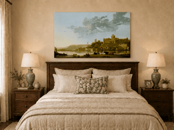 Unframed hand-painted riverside castle town oil painting with fishermen at sunset displayed above a wooden bed in a neutral bedroom.