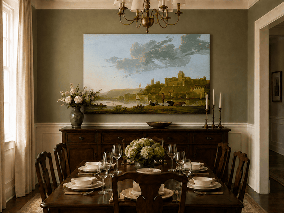 Unframed hand-painted riverside castle town oil painting with fishermen at sunset displayed above a formal dining table.